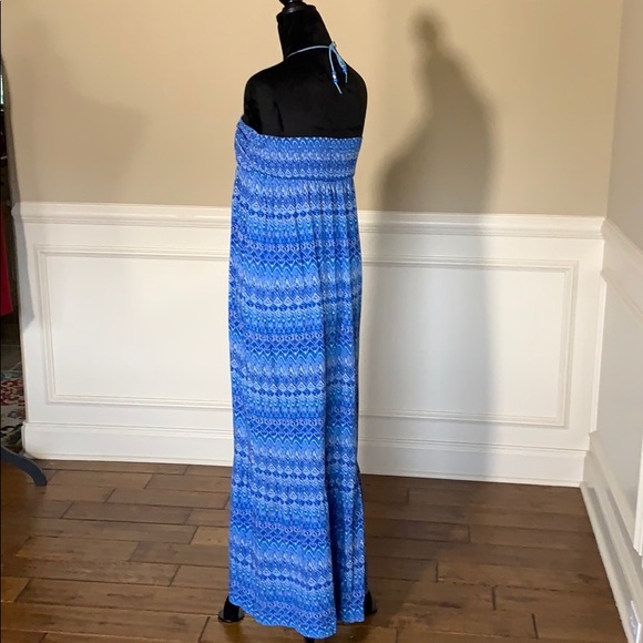 LO Posh Blue Printed Tie at Neck Maxi Dress Size L - Picture 5 of 7